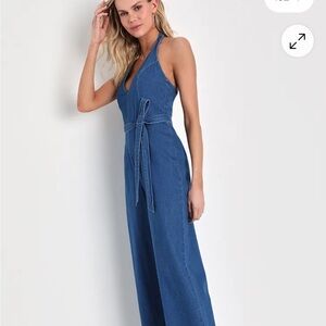 Lulus Blue Halter Denim Jumpsuit